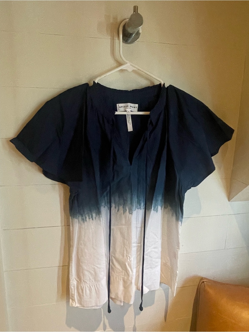 Apiece Apart Navy to Cream Dip-Dye Short Sleeve Blouse